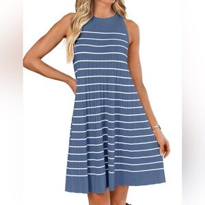 Zesica Summer Sleeveless Tank Striped Knit Pleated A Line Short Mini Dress NEW